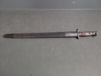 Australian Own gun sword bayonet and leather/metal scabbard - marked - numbered 2857 - 17in blade - 12