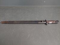 Australian Own gun sword bayonet and leather/metal scabbard - marked - numbered 2857 - 17in blade - 13