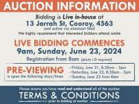 TERMS AND CONDITIONS: 16.5% BUYERS PREMIUM APPLIES TO ALL AUCTION LOTS UNLESS ADVISED (An additional 1.65% fee applies to online bidders) | PAYMENT REQUIRED by 3pm, Monday, June 24, 2024 - We accept cash, EFT, card (1.95% fee applies to card payments) | C