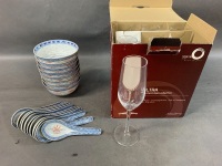 Lot of Chinese Porcelain Bowls & Spoons + Box ofÂ  6 Champagne Flutes