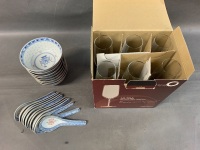 Lot of Chinese Porcelain Bowls & Spoons + Box ofÂ  6 Champagne Flutes - 2