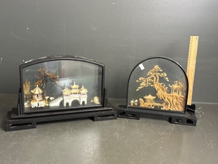 2 x Asian Carved Cork Art Scenes