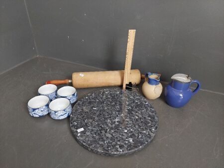 Kitchen Set inc Philips Fine Tea Jug, Green Frog Pottery Jug, Marble Cutting Board, Japanese Mugs & Wooden Rolling Pin