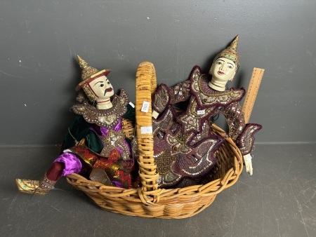 Pair of Burmese Puppets - In Cane Basket