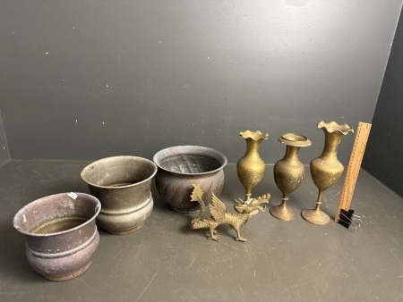 Vintage Brass & Copper Mixed Collection - 3 x Vase - 3 x Pots - 1 x Dragon Sculpture