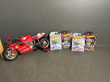 Tin Plate Hand Made Performance Motorcycle Model and 4 x Hot Wheels Cars