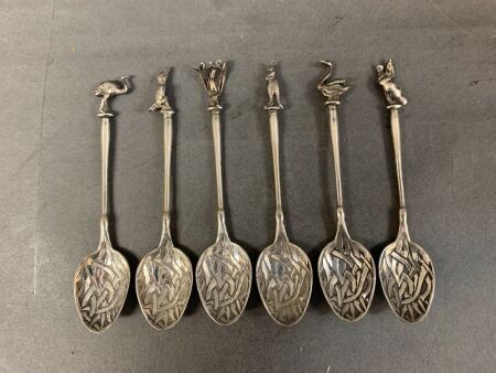 6 x Sterling Silver Tea Spoons with Individual Australian Icons