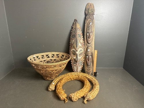 Tribal Masks, Basket and Woven Boat Rope Door Snakes