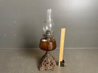 Mid Century Brown Glass Kerosene Lantern on Metal Base