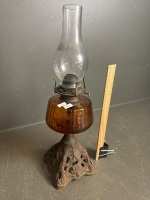 Mid Century Brown Glass Kerosene Lantern on Metal Base - 2