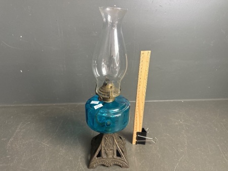 Mid Century Blue Glass Kerosene Lantern on Metal Base - app 440h