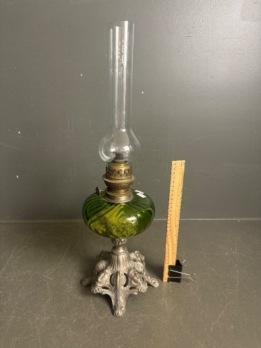 Antique Green Glass French Nouveau Oil Lamp