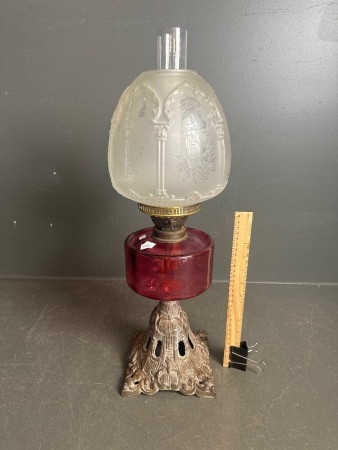 Stunning Pink Glass Kerosene Lamp with Cast Iron Base 