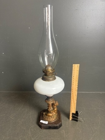 Milk Glass Kerosene Lamp on Metal Cherub Base