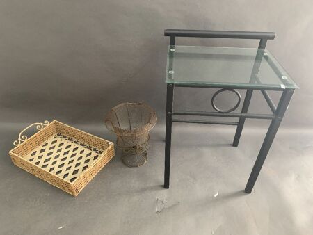 Contemporary Glass Top Table, Wire Vase & Shabby Iron Tray