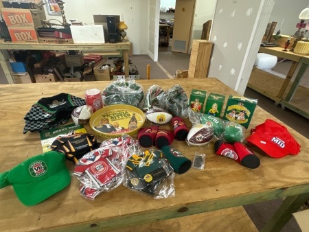 VB & Carlton Beer lot w. Coasters, Hats, Footballs & Talking Warnies