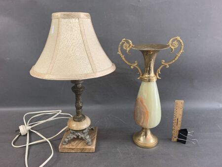 Vintage Brass & Alabaster/Onyx Lamp & Vase