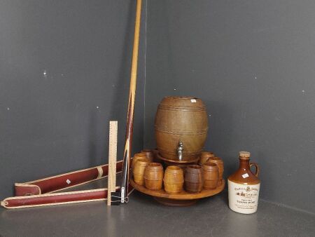 Wooden Drinks Stand, Wooden Keg, Wooden Cups, Tawny Port Bottle & Pool Cue.