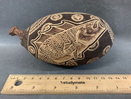 Vintage Aboriginal Carved Boab Nut with Barrimundi Design from West Kimberley