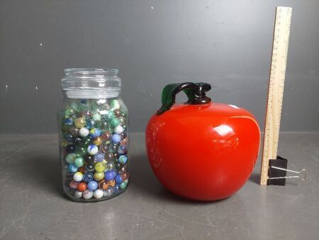 Large Glass Decorator Apple & Jar of Mixed Marbles