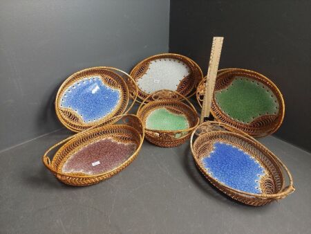 6 Mid Century Cane Baskets with Ceramic Bases