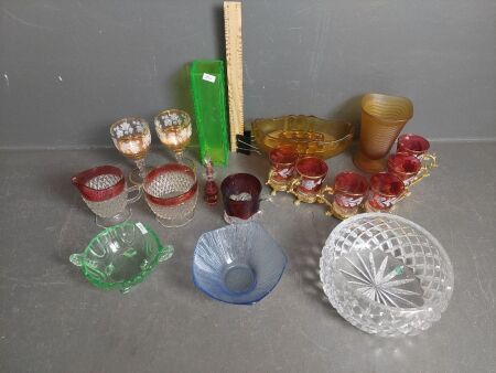 Selection of Ruby Glass, Green Depression Glass, Brown Glass and Mini Ruby Jeanie Bottle