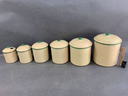 Set of 6 Vintage Stacking Green & Cream Enamel Canisters