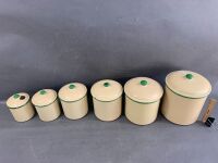 Set of 6 Vintage Stacking Green & Cream Enamel Canisters - 2