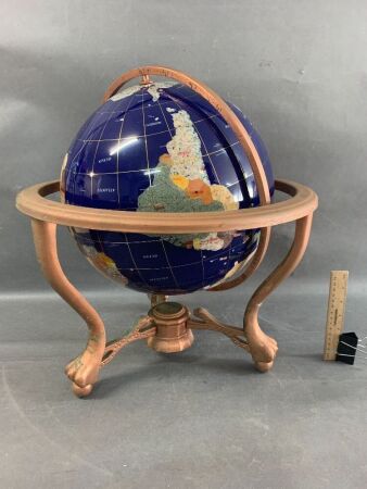 Large Table Top Inlaid Stone World Globe on Gimbal