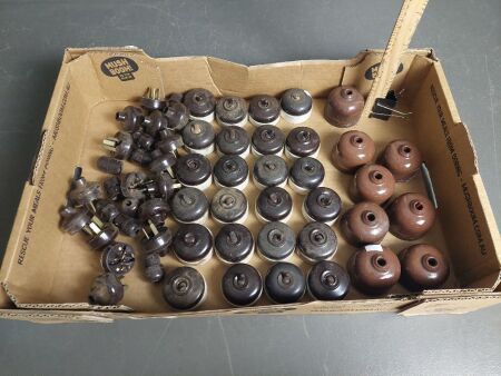 Quantity of Landor bakelite and porcelain electrical switches, bakelite Ring Grip plugs and porcelain ceiling light fittings - all British made