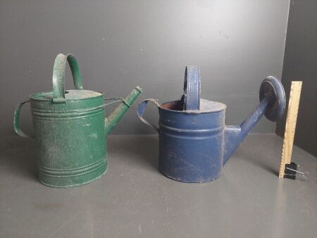 2 vintage metal watering cans - 1 embossed Tomlin