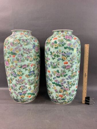 Pair of Large Chinese Vases with Incised Floral Decoration