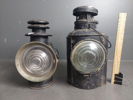 2 x Vintage Railway Lanterns - 1 Red Light - 1 Black Light