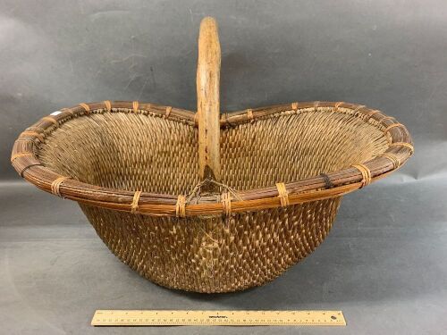 Large Antique Woven Chinese Basket with Timber Handle