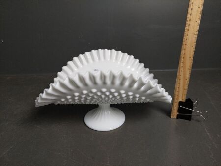 Milk glass Fenton Ware Hobnail Banana Bowl - Ruffle edge