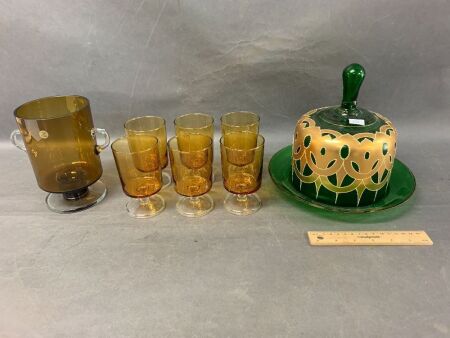 Vintage Green & Gold Glass Cheese Dome + Retro Amber Glass Luminarc Drinks Set