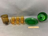 Vintage Green & Gold Glass Cheese Dome + Retro Amber Glass Luminarc Drinks Set - 2