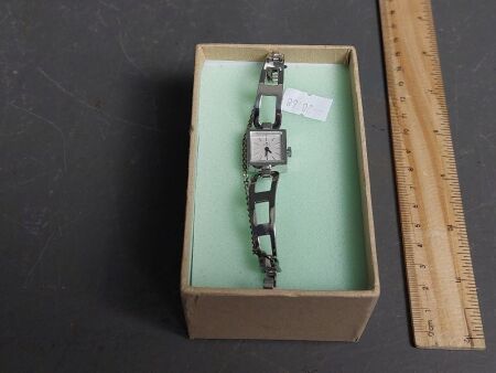 Ladies Ornate Square Silver Watch