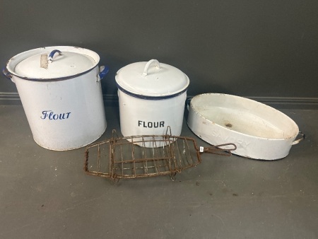 Selection of Blue/White Enamelware and fish basket