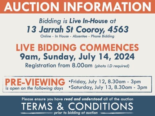 AUCTION INFORMATION: Bidding is live at 13 Jarrah St, Cooroy, 4563 & online via web feed (simulcast) - It is recommended that interested bidders attend the auction onsite | BIDDING COMMENCES: 9am, Sunday, July 14, 2024, Registration from 8am (photo I.D re