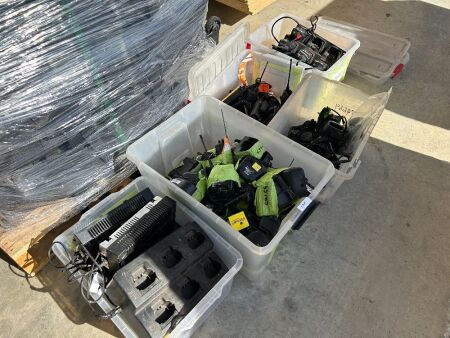 Box Lot of UHF Hand Held Radios, Charging Stations and Hand Sets