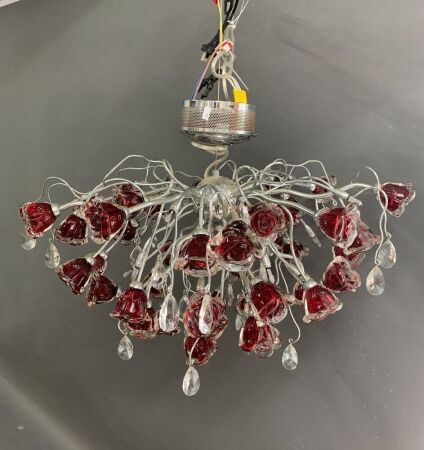 Large Designer Chandelier with Red Glass Roses & Crystal Drops on a Chrome Frame