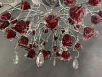 Large Designer Chandelier with Red Glass Roses & Crystal Drops on a Chrome Frame - 2