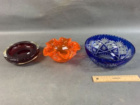 Vintage Murano Style Orange Ruffled Bowl + Red Bubble Glass Bowl & Bohemian Blue Cut Glass Bowl