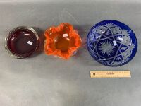 Vintage Murano Style Orange Ruffled Bowl + Red Bubble Glass Bowl & Bohemian Blue Cut Glass Bowl - 2