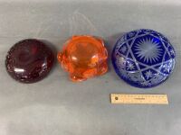 Vintage Murano Style Orange Ruffled Bowl + Red Bubble Glass Bowl & Bohemian Blue Cut Glass Bowl - 3