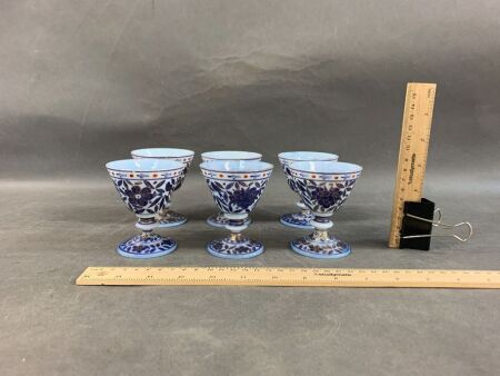 Set of 6 Vintage Hand Painted & Gilded Milk Glass Goblets