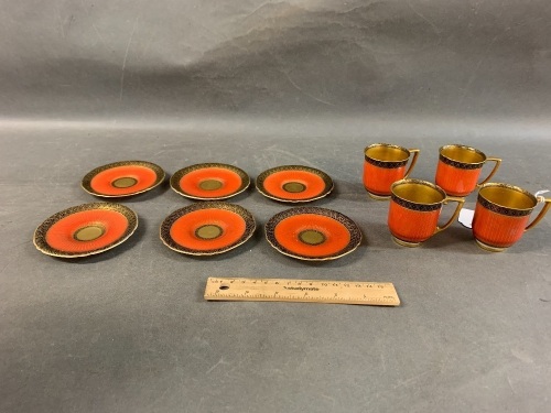 4 x Rare Orange, Black & Gold Royal Worcester Demi Tasse Coffee Cans & 6 Saucers. All Hand Painted and Cans Gilded Inside - Marked for 1891