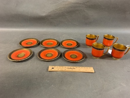 4 x Rare Orange, Black & Gold Royal Worcester Demi Tasse Coffee Cans & 6 Saucers. All Hand Painted and Cans Gilded Inside - Marked for 1891