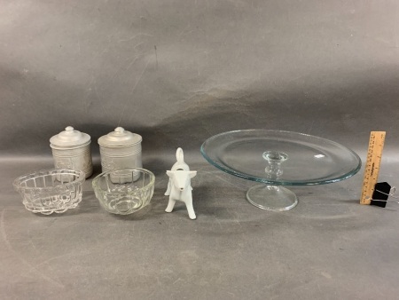 Box Lot inc. 2 Glass Jelly Moulds, French Porcelain Cow Creamer, 2 Ally Cannisters + Glass Cake Plate